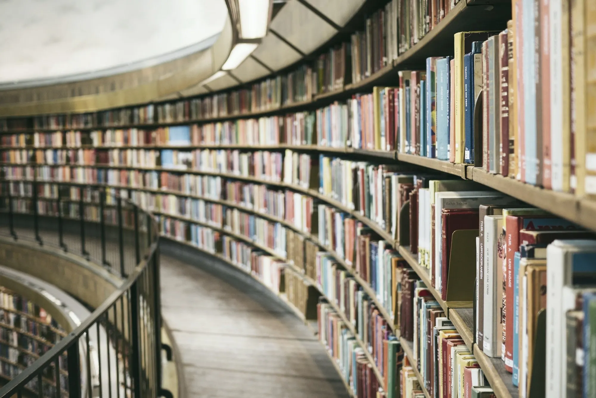 Curved wooden library shelves filled with colorful books line a circular walkway.
