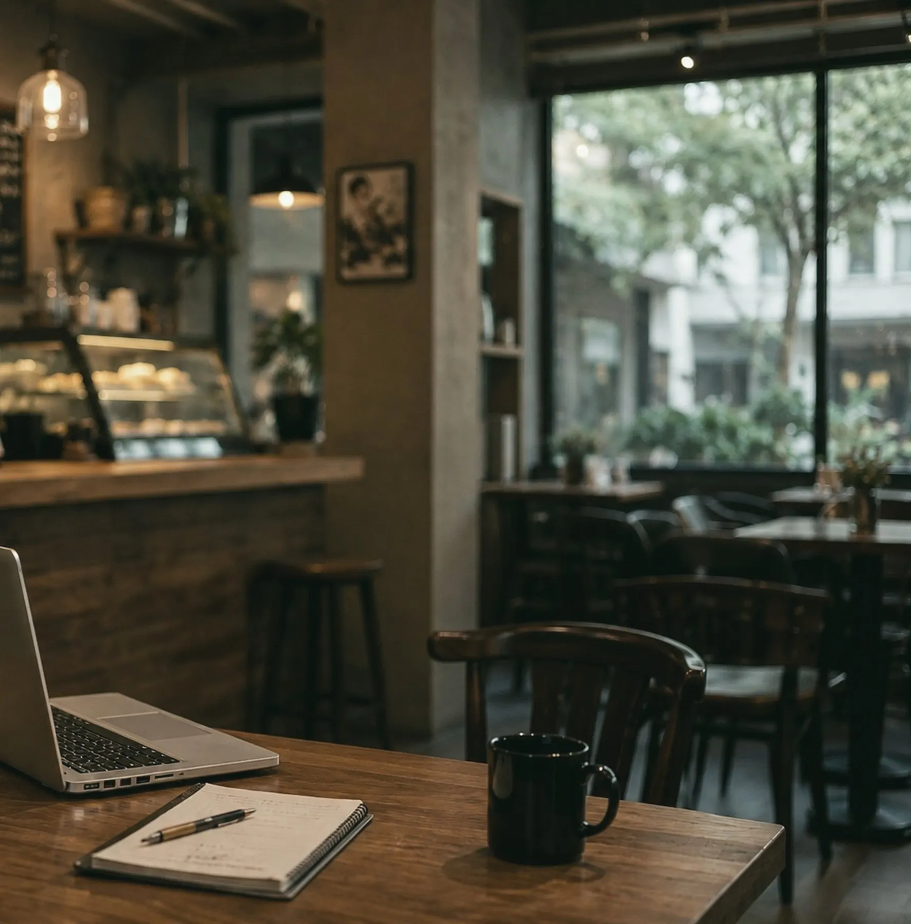 An open laptop, notebook and mug on a wooden table inside a warmly lit, empty shop.